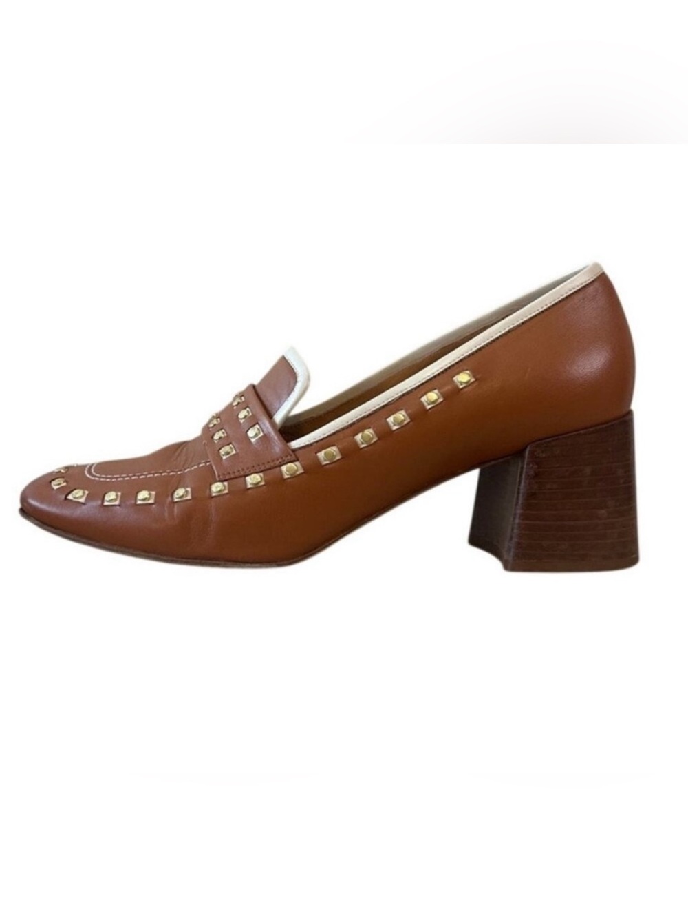 Tory Burch Studded‎ Block Heel Loafers Tan Leather Mod 10
